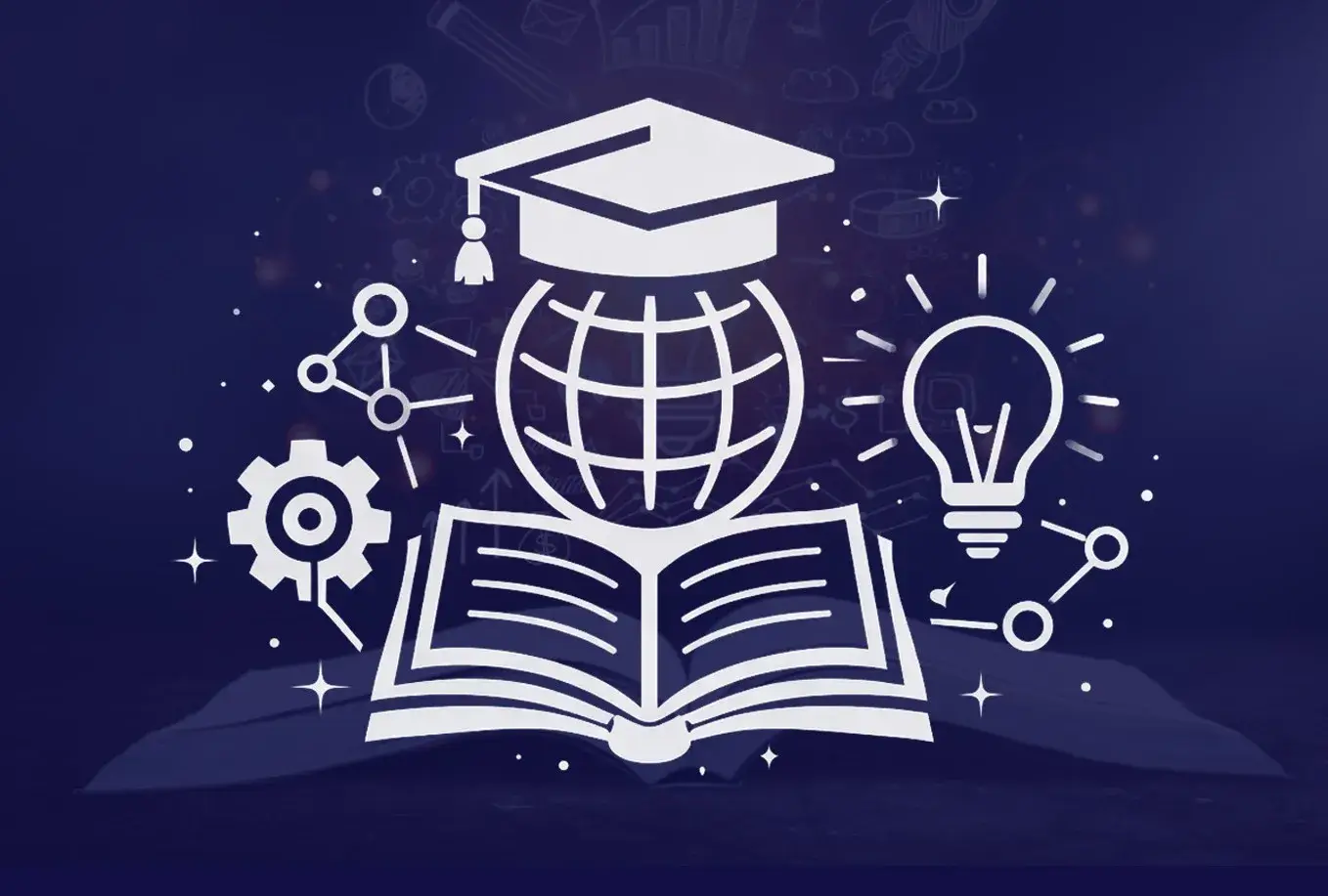 Open book with mortarboard and globe — education and standards