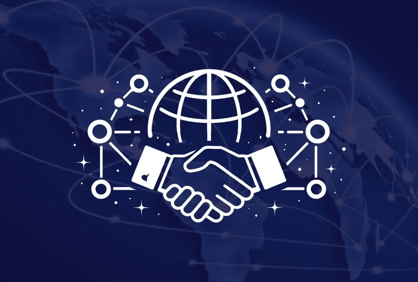 Two hands shaking in front of a globe — international cooperation